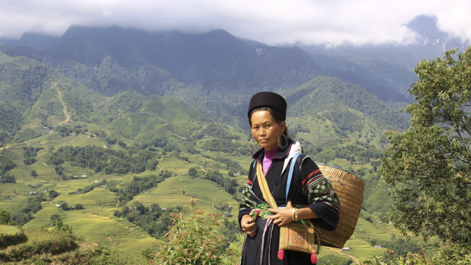 Une femme portant une hotte devant des versants cultivés et des montagnes sous les nuages.